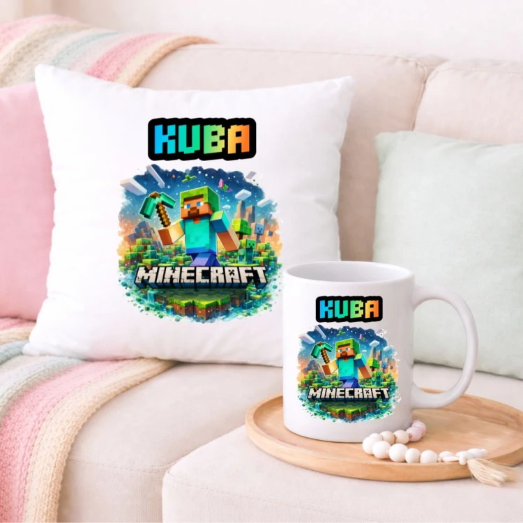 Zestaw poduszka i kubek MINECRAFT  personalizowany z imieniem (wzór 2).jpg