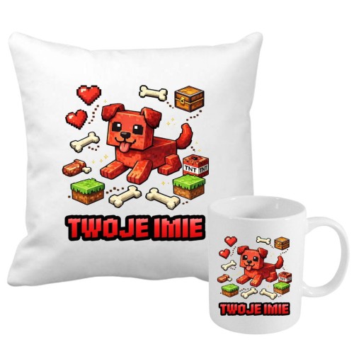 Zestaw poduszka i kubek MINECRAFT piesek z imieniem (wzór 5).jpg