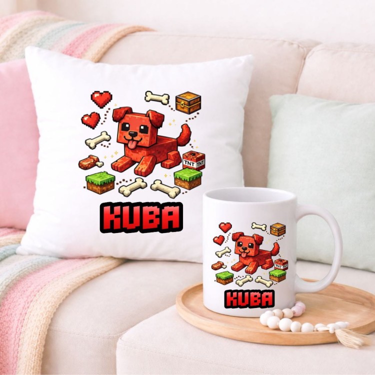 Zestaw poduszka i kubek MINECRAFT piesek personalizowany z imieniem (wzór 5).jpg