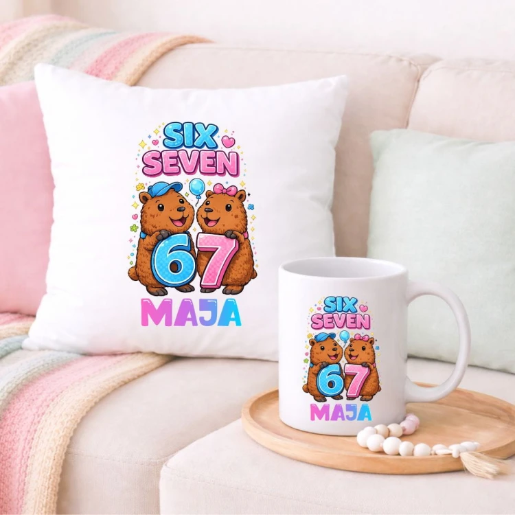 Zestaw poduszka i kubek KAPIBARY SIX SEVEN 67 personalizowany z imieniem (wzór 6).jpg