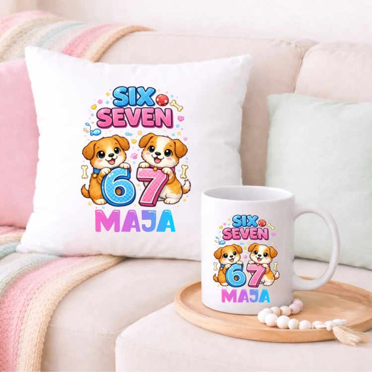 Zestaw poduszka i kubek PIESKI SIX SEVEN 67 personalizowany z imieniem (wzór 7).jpg