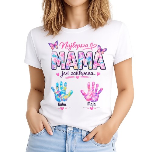 Koszulka dla mamy personalizowana z imionami dzieci | Najlepsza mama jest zaklepana.jpg