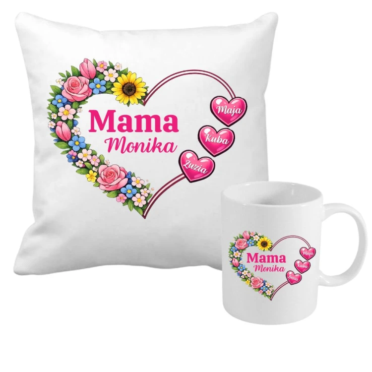 Zestaw poduszka i kubek personalizowany prezent dla mamy serce z imionami dzieci.jpg