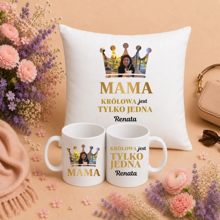 Prezent na dzień mamy - Zestaw poduszka i kubek Królowa jest tylko jedna.jpg