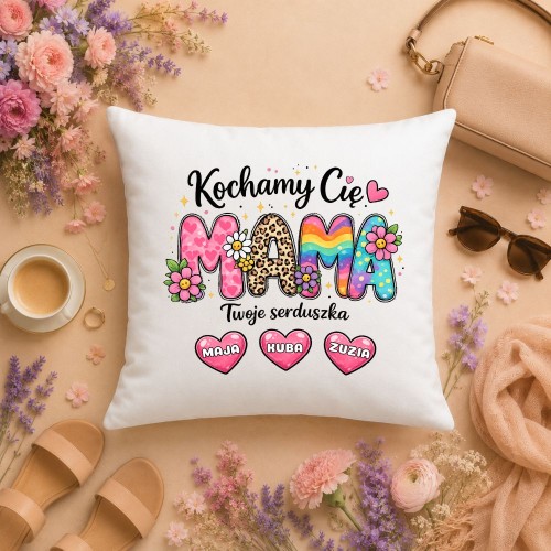 Prezent na dzień mamy - Poduszka z imionami dzieci Kochamy Cię Twoje serduszka.jpg