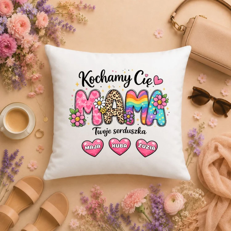 Prezent na dzień mamy - Poduszka z imionami dzieci Kochamy Cię Twoje serduszka.jpg
