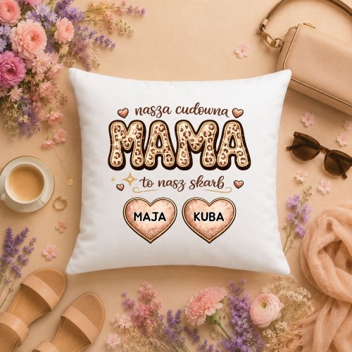 Prezent na dzień mamy - Poduszka Cudowna MAMA to nasz skrab z imionami dzieci nadruk panterka.jpg