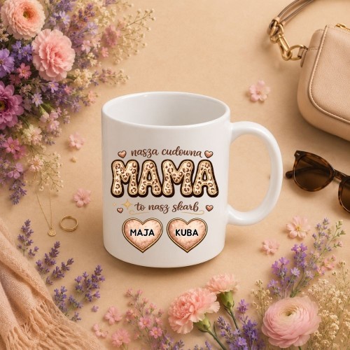 Prezent na dzień mamy - Kubek Cudowna MAMA to nasz skarb z imionami dzieci.jpg
