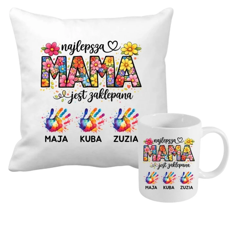 Zestaw poduszka i kubek Najlepsza MAMA jest zaklepana z imionami dzieci.jpg