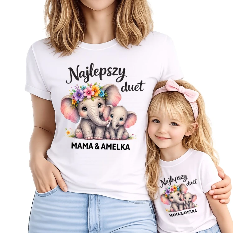 Komplet koszulek dla mamy i córki NAJLEPSZY DUET z imieniem - urocze słoniki.jpg
