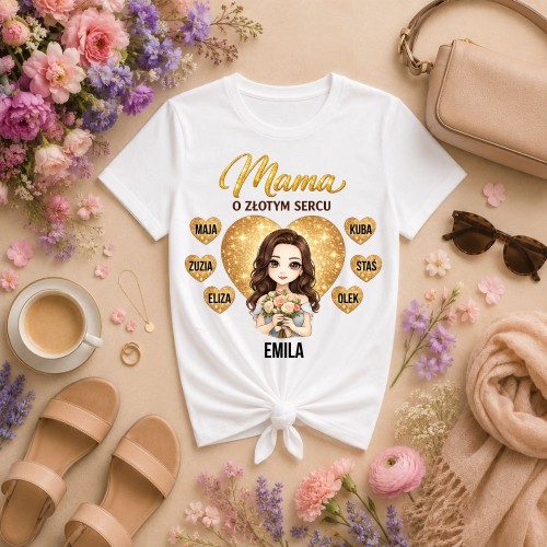 Prezent na dzień mamy - Koszulka MAMA o złotym sercu z imionami dzieci.jpg