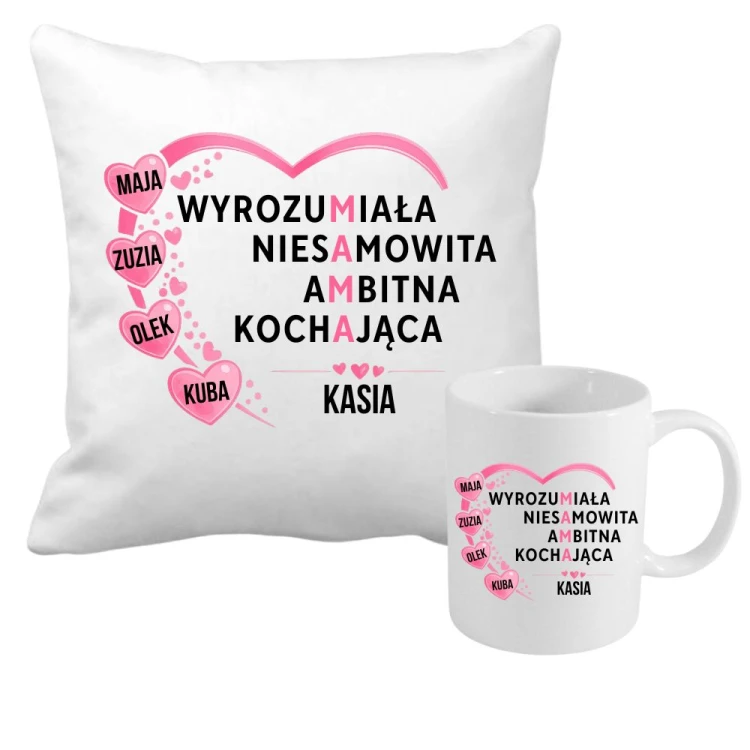 Zestaw poduszka i kubek dla mamy z imionami dzieci MAMA w 4 słowach.jpg