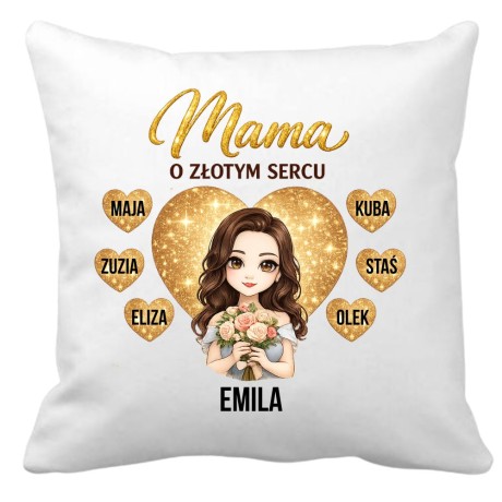 Przejdź do produktu Zestaw poduszka i kubek MAMA o złotym sercu z imionami dzieci