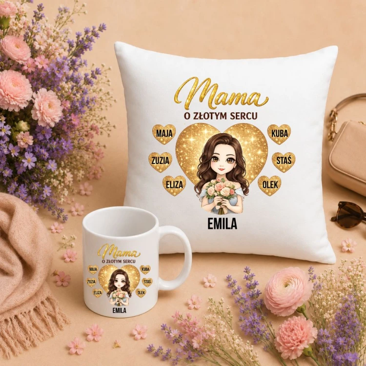 Prezent na dzień mamy - Zestaw poduszka i kubek z imionami dzieci MAMA o złotym sercu.jpg