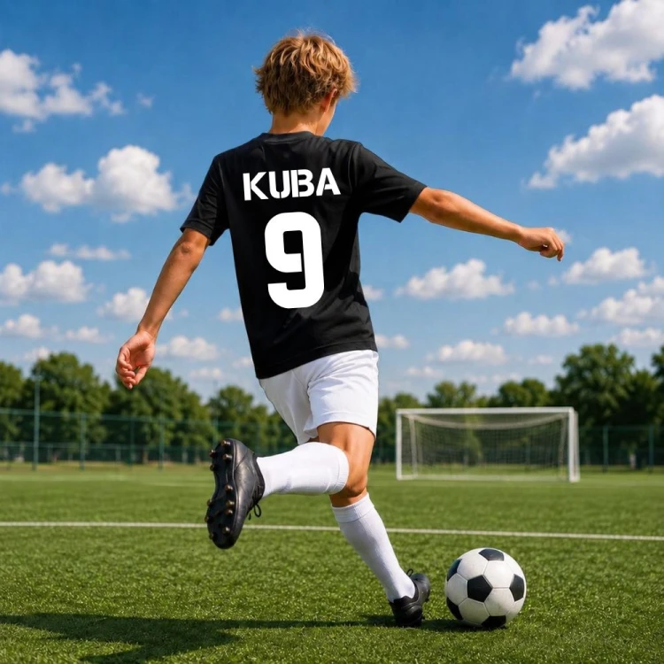 Prezent dla dziecka - Koszulka sportowa dla piłkarza z imieniem POLSKA - czarna.jpg