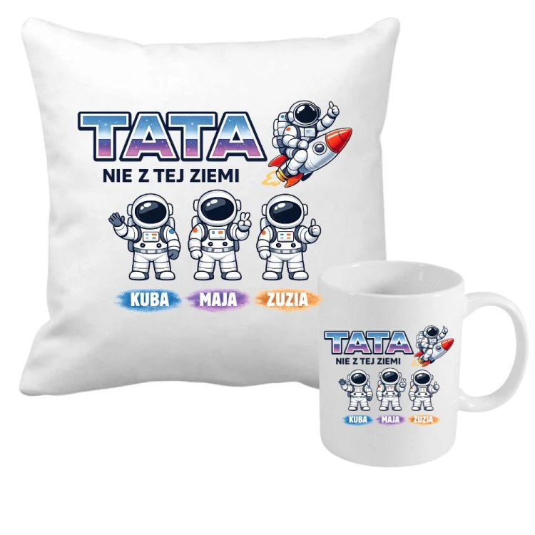 Zestaw poduszka i kubek TATA nie z tej ziemi z imionami dzieci.jpg