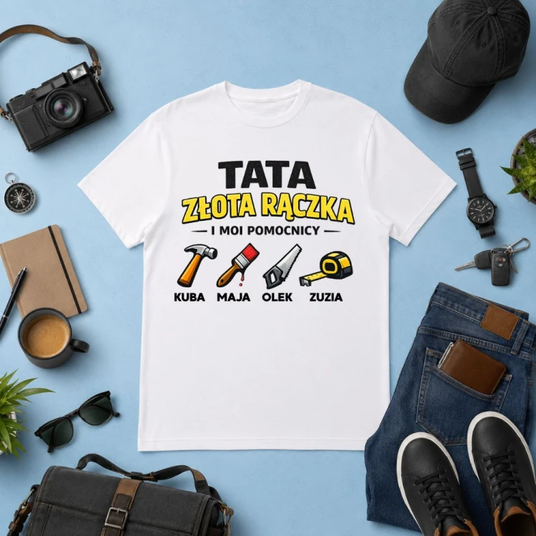 Prezent na dzień taty - Koszulka z imionami dzieci TATA złota rączka i moi pomocnicy.jpg