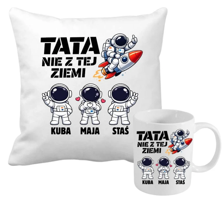 Zestaw poduszka i kubek TATA nie z tej ziemi z imionami dzieci.jpg