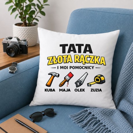 Przejdź do produktu Poduszka dla taty z imionami dzieci TATA złota rączka prezent