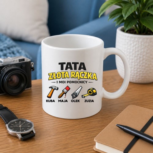 Prezent na dzień taty - Kubek TATA złota rączka i moi pomocnicy z imionami dzieci.jpg