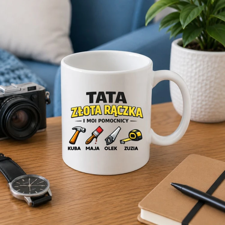 Prezent na dzień taty - Kubek TATA złota rączka i moi pomocnicy z imionami dzieci.jpg