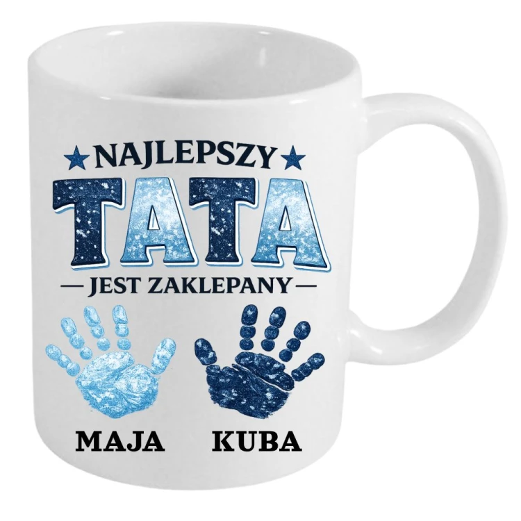 Kubek Najlpeszy TATA jest zaklepany z imionami dzieci motyw niebieski.jpg