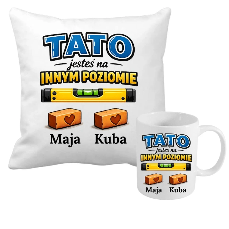 Zestaw poduszka i kubek TATO jesteś na innym poziomie z imionami dzieci.jpg