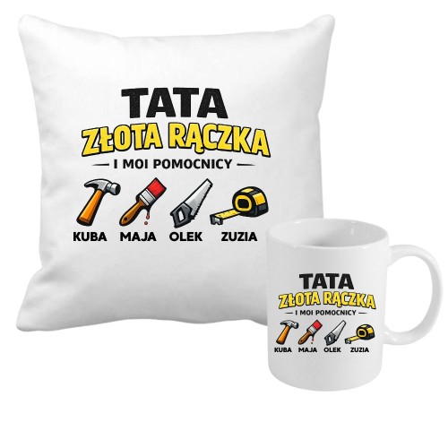 Zestaw poduszka i kubek TATA złota rączka i moi pomocnicy z imionami dzieci.jpg