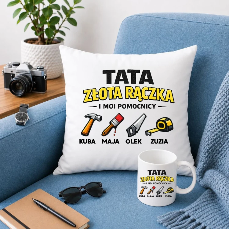 Prezent na dzień taty - Poduszka i kubek TATA złota rączka z imionami dzieci.jpg
