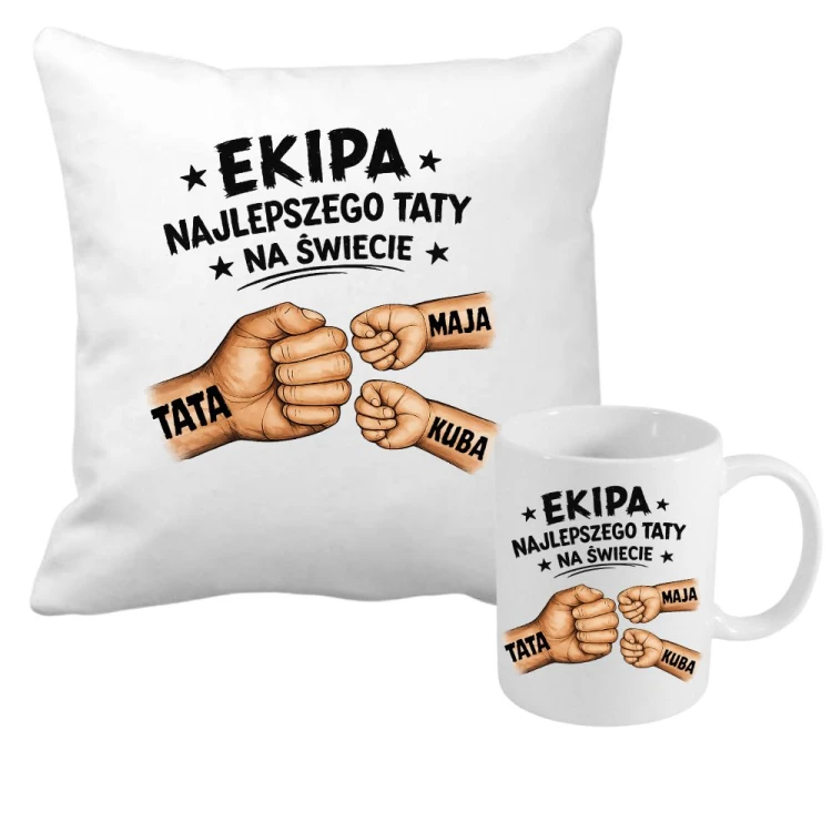 Zestaw poduszka i kubek EKIPA najlepszego TATY na świecie z imionami dzieci.jpg