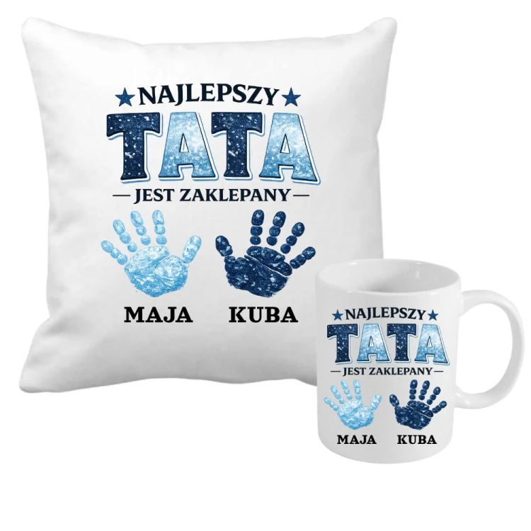 Zestaw poduszka i kubek Najlepszy TATA jest zaklepany z imionami dzieci motyw niebieski.jpg