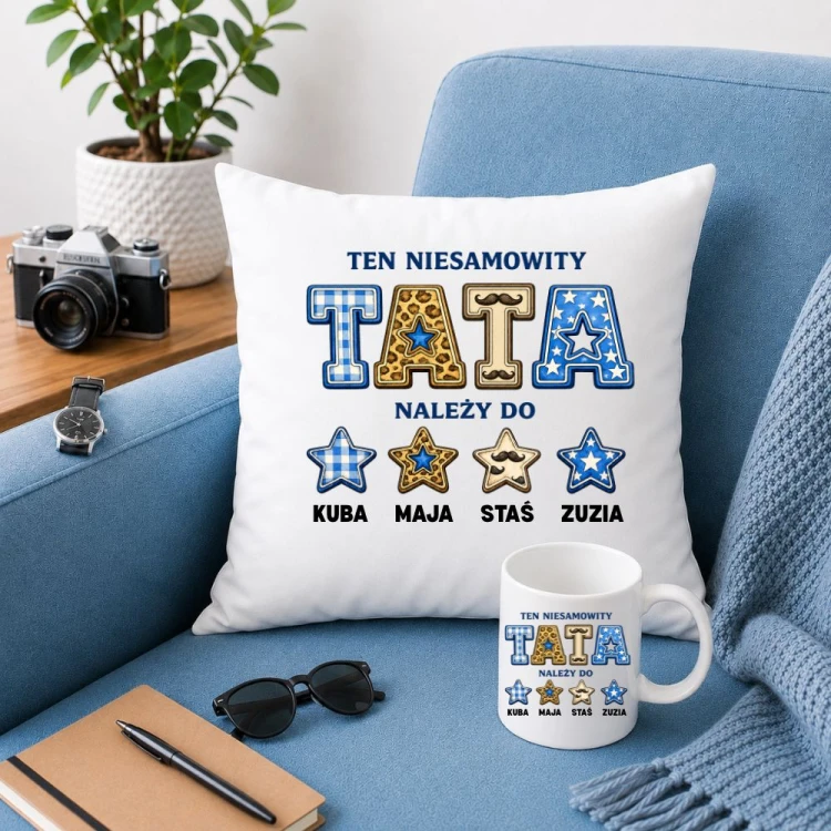 Prezent na dzień taty - Poduszka i kubek NIESAMOWITY TATA z imionami dzieci.jpg