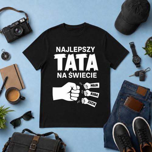 Prezent na dzień taty - Koszulka Najlepszy TATA na świecie z imionami dzieci czarna.jpg