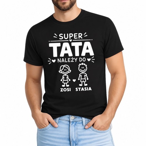 Koszulka dla taty z imionami dzieci SUPER TATA należy do czarna.jpg