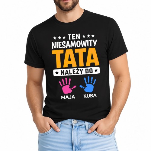 Koszulka dla taty Ten niesamowity TATA należy do z imionami dzieci czarna.jpg