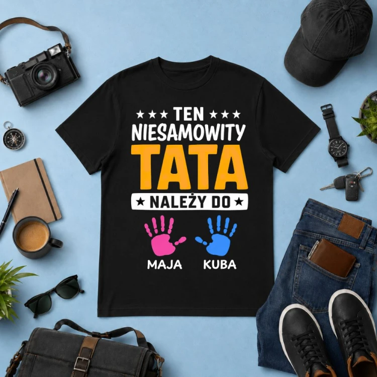 Prezent na dzień taty - Koszulka Ten niesamowity TATA należy do z imionami dzieci czarna.jpg