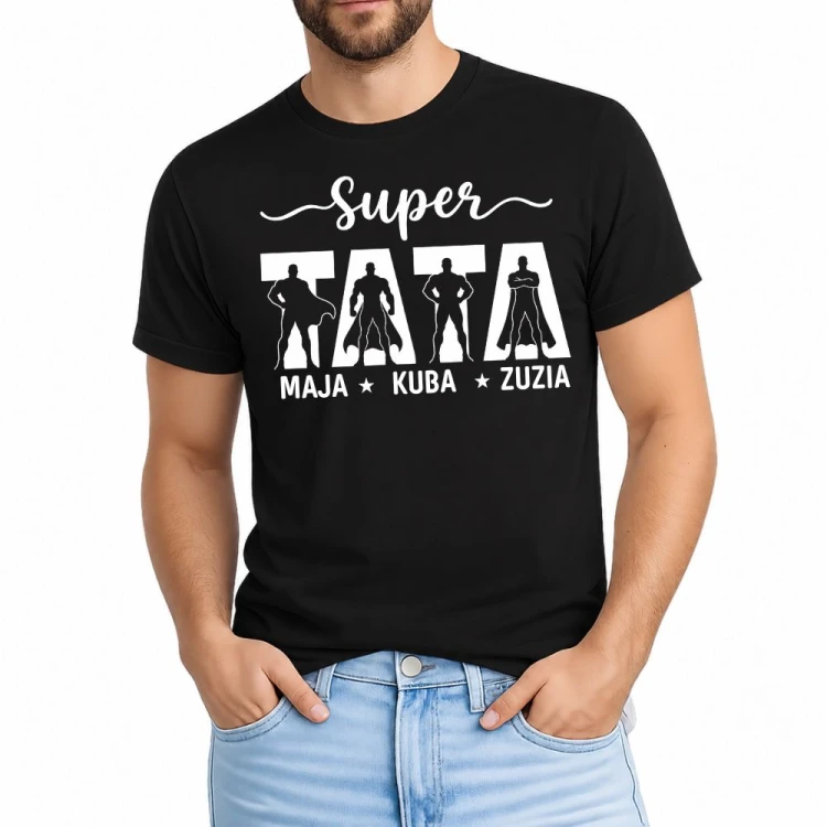 Koszulka dla taty z imioanmi dzieci TATA SUPER BOHATER czarna.jpg