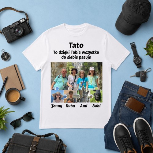 Prezent na dzień taty - Koszulka puzzle ze zdjęciami i imionami dzieci z dedykacją dla taty.jpg