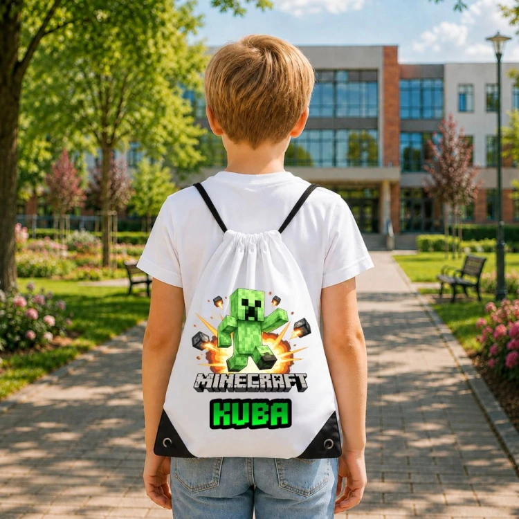 Worek szkolny dla dziecka personalizowany z imieniem na buty - MINECAFT CREEPER