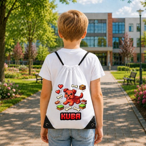 Worek szkolny dla dziecka personalizowany z imieniem na buty - PIESEK MINECAFT