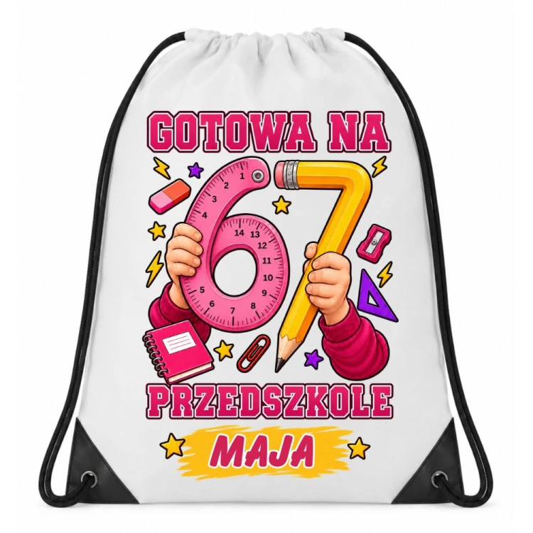 Worek plecak z imieniem GOTOWA NA PRZEDSZKOLE 67 do przedszkola na wf