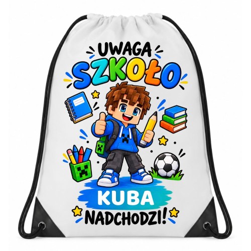 Worek plecak UWAGA SZKOŁO z imieniem do szkoły na wf dla chłopca