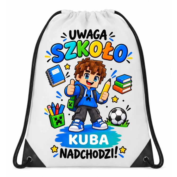 Worek plecak UWAGA SZKOŁO z imieniem do szkoły na wf dla chłopca