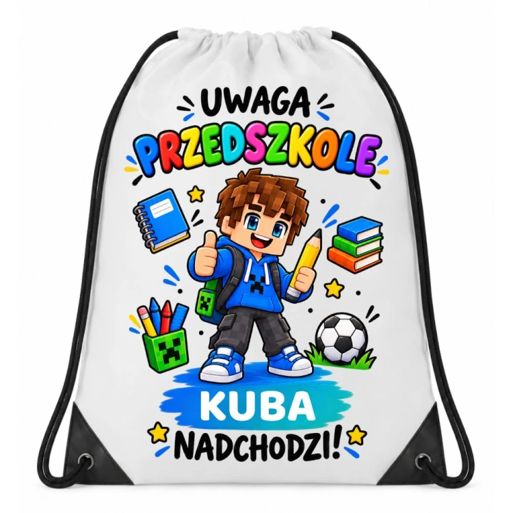 Worek dla dziecka do przedszkola personalizowany z imieniem na buty - UWAGA PRZEDSZKOLE dla chłopca