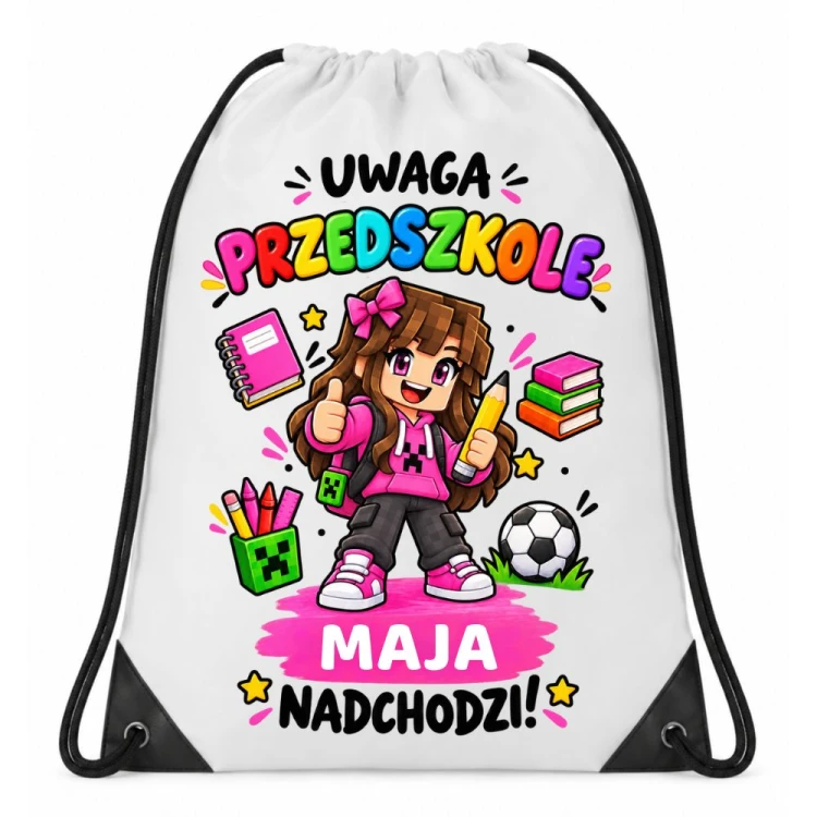 Worek dla dziecka do przedszkola personalizowany z imieniem na buty - UWAGA PRZEDSZKOLE dla dziewczynki.jpg