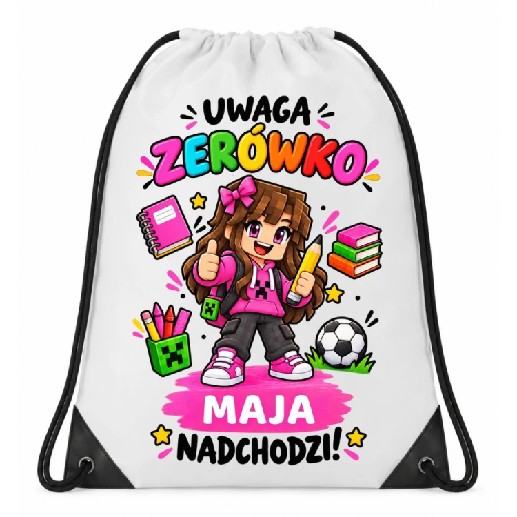 Worek dla dziecka do zerówki personalizowany z imieniem na buty - UWAGA ZERÓWKO dla dziewczynki.jpg