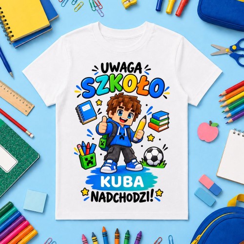 Koszulka dla dziecka personalizowana z imieniem - UWAGA SZKOŁO MINECRAFT dla chłopca