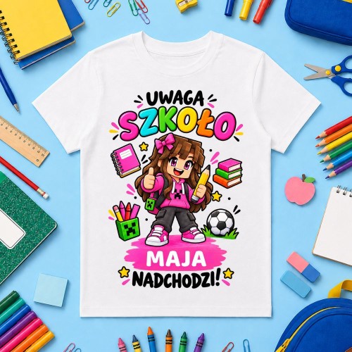 Koszulka dla dziecka personalizowana z imieniem - UWAGA SZKOŁO MINECRAFT dla dziewczynki