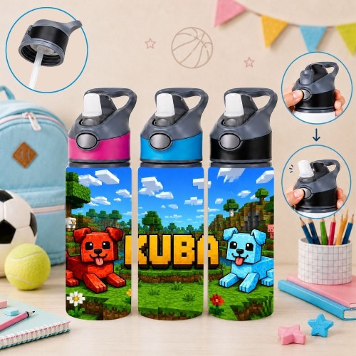 Butelka na wodę dla dziecka do szkoły przedszkola MINECRAFT PIESKI z imieniem 650ml