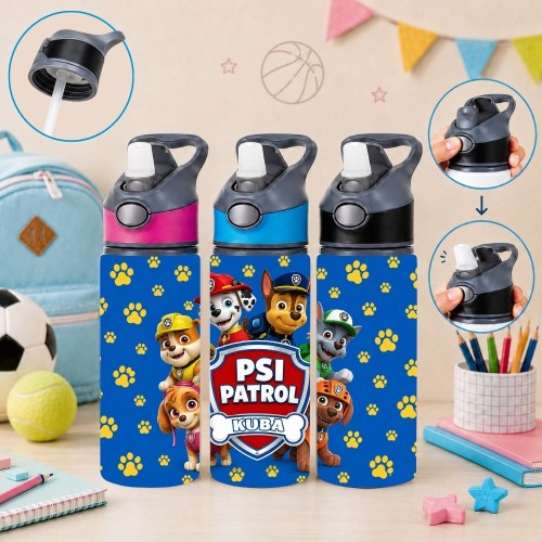 Butelka na wodę dla dziecka do szkoły przedszkola PSI PATROL z imieniem 650ml